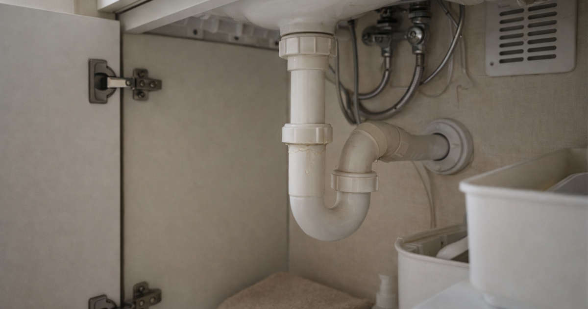 洗面台の下を開けて配管を確認している生活シーン。