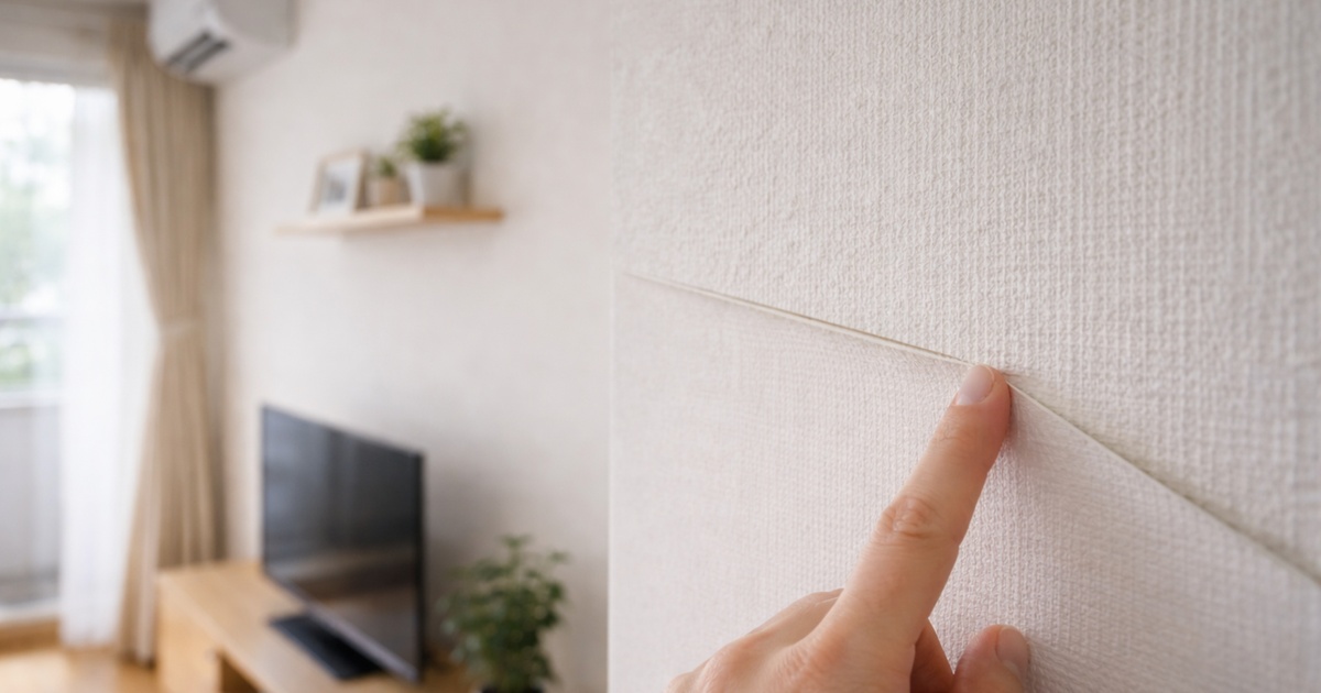 室内の白い壁紙の端が、わずかに浮いている様子。