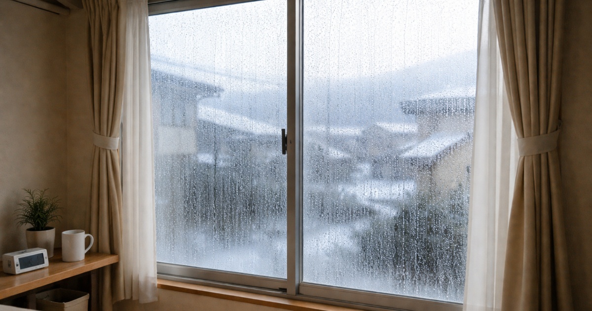 細かい水滴がびっしりついた窓