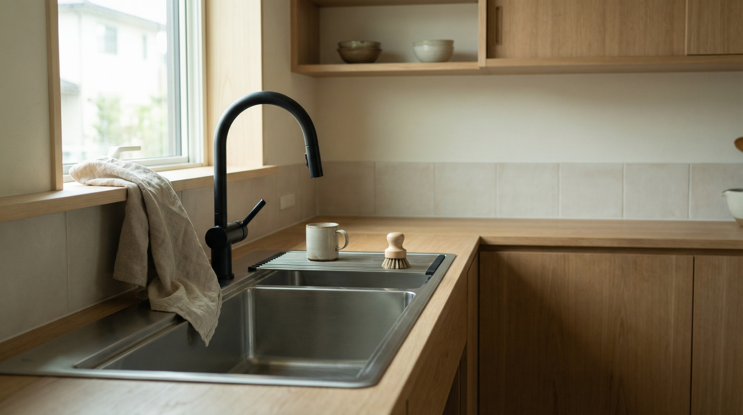 朝の光が差し込む静かなキッチン。シンクのそばにタオルが置かれている。