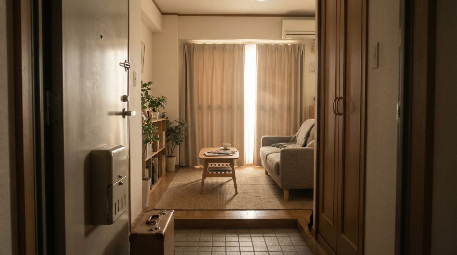 玄関から見た日本の一般的なマンションのリビング。カーテンが閉まっていて、少しこもった空気感がある