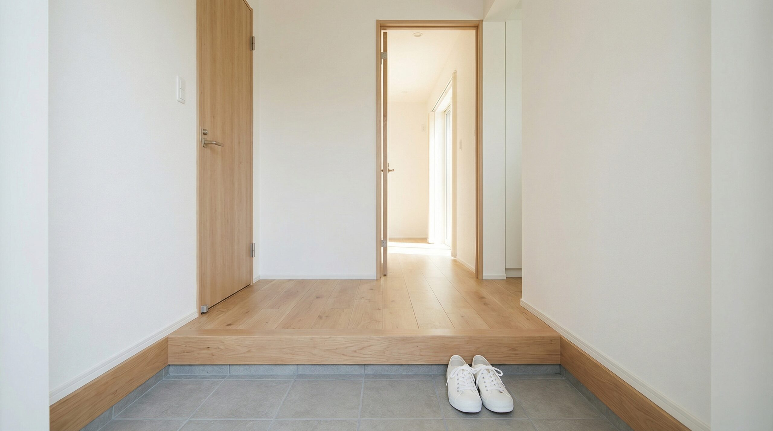 夕方の自然光が届く、マンションの明るい玄関。白い壁と明るい木のフローリング、たたきにスニーカーが揃えて置かれている。