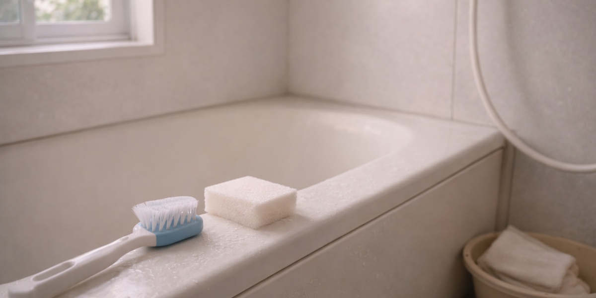 家庭の浴室。掃除の途中で、スポンジやブラシが浴槽の縁に置かれている。