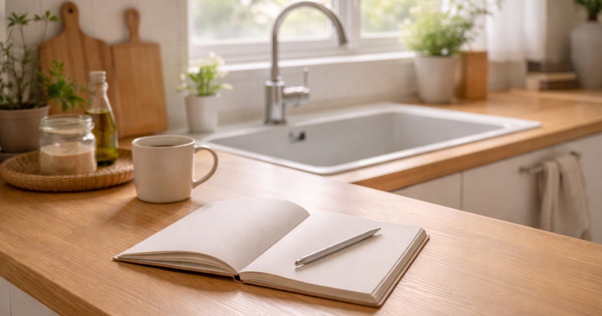 朝の光が差すキッチンで、蛇口のそばにノートとペンが置かれている様子