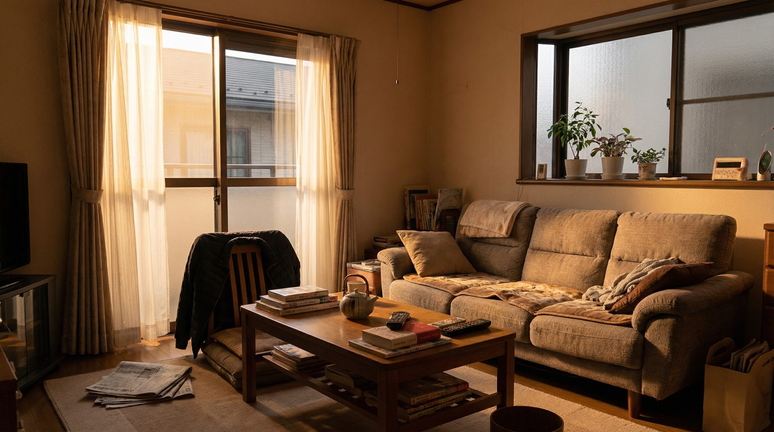 夕方の光が差し込むリビング。窓が少し開いている。