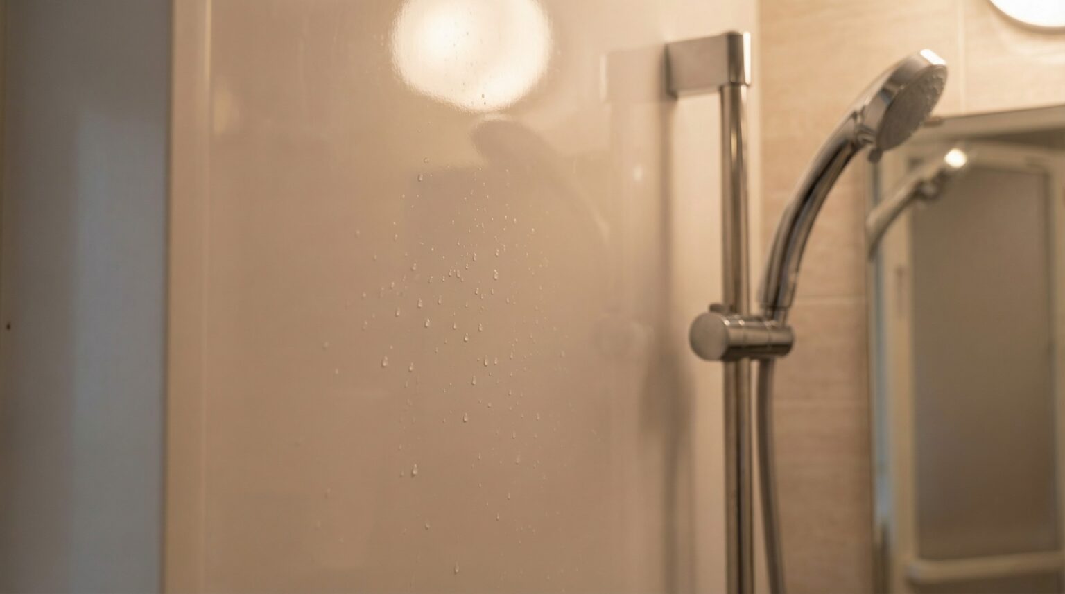 掃除を終えたあとのユニットバスの壁。白いパネルにわずかな水滴が残っている
