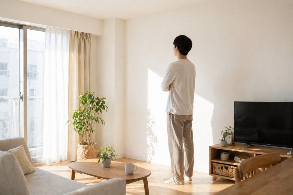 明るいリビングで壁のあたりをふと見つめる人の後ろ姿