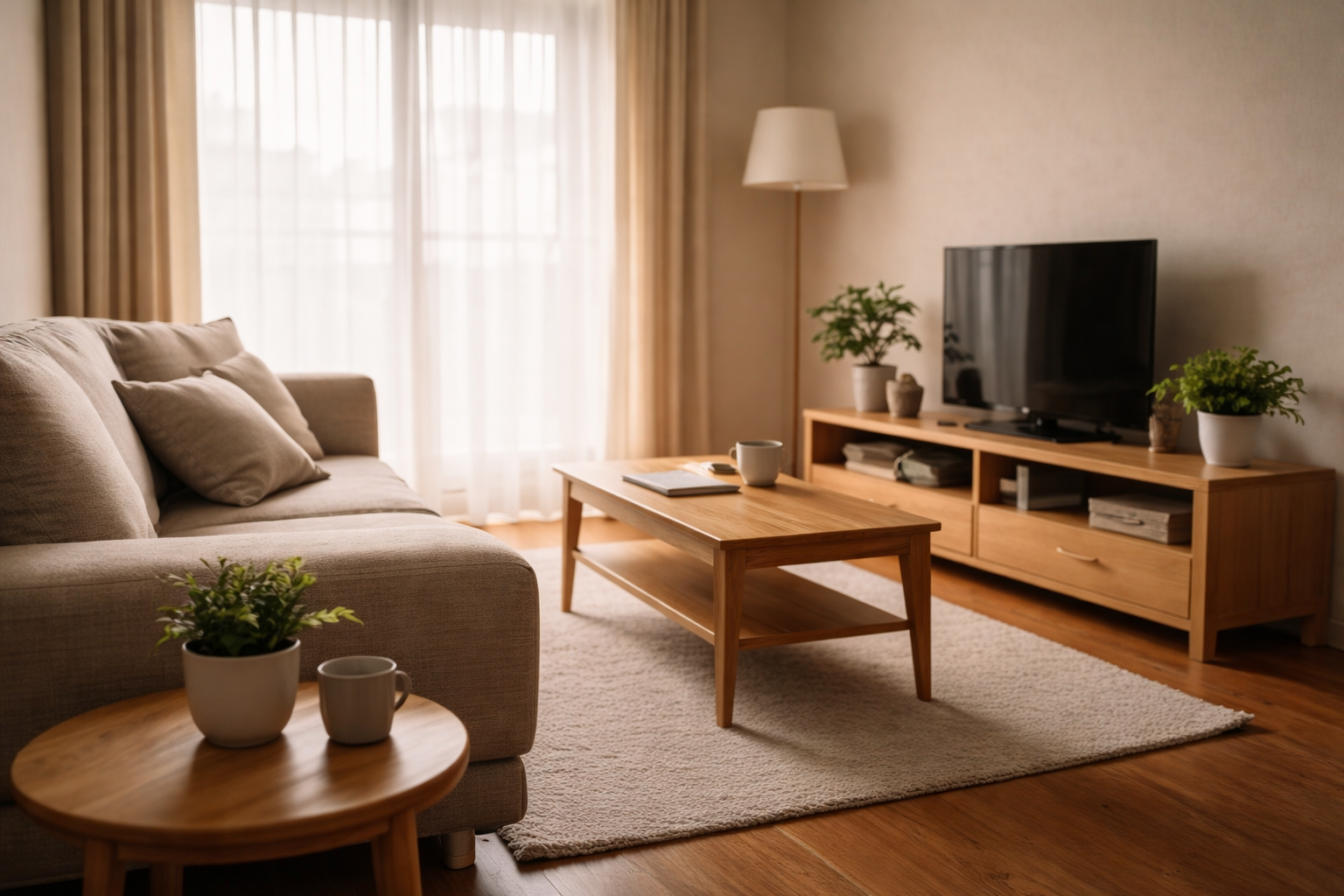 カーテン越しに光が差し込む静かな賃貸の部屋