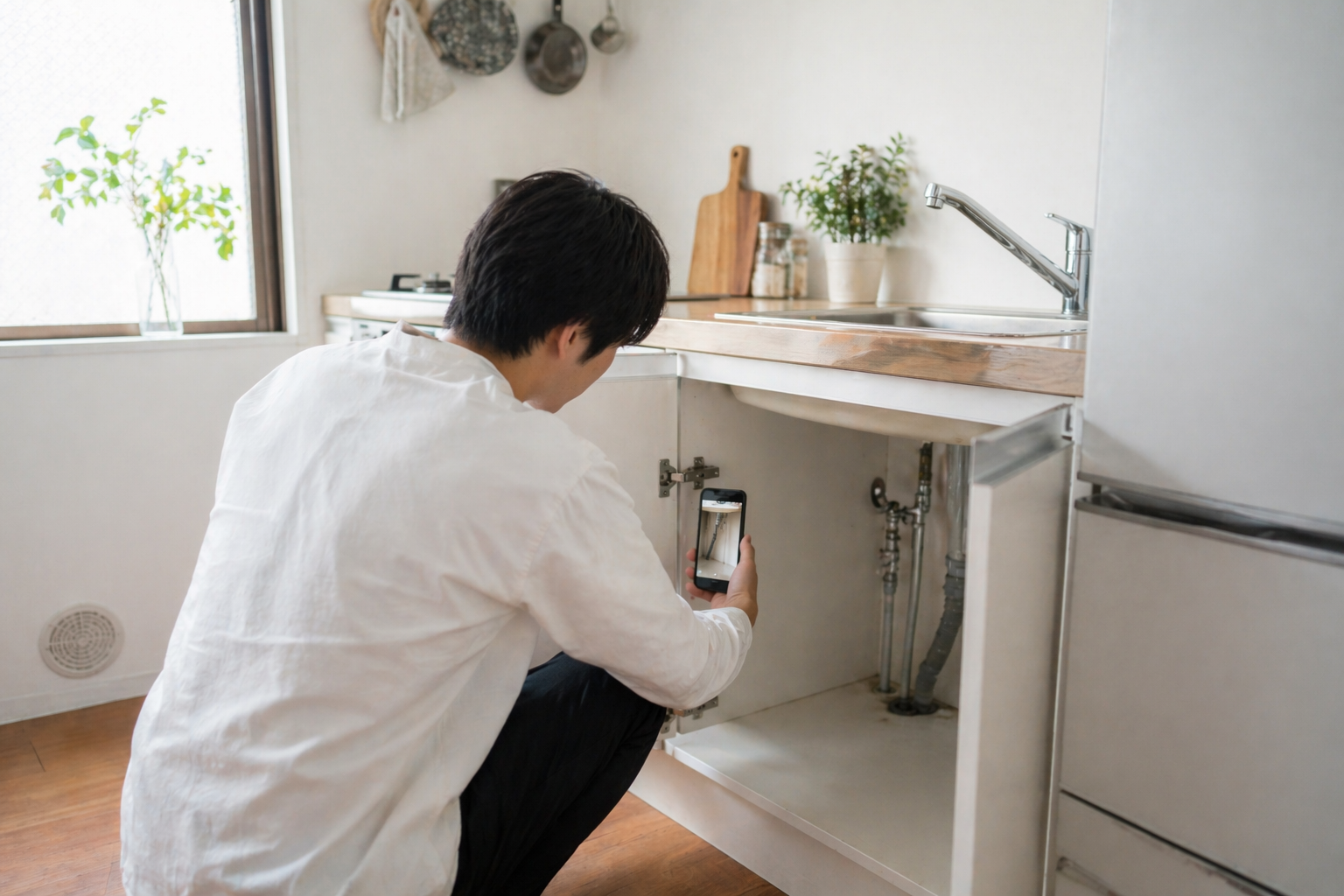 キッチンのシンク下を落ち着いて確認しながらスマホで記録している様子