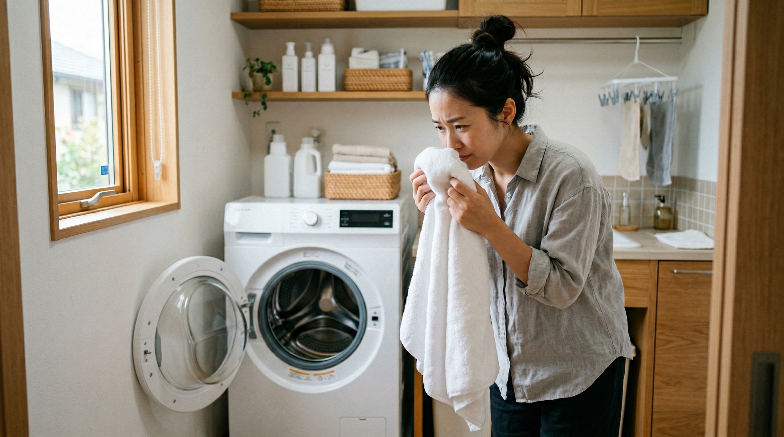 朝の洗面所で、洗い終わったバスタオルを顔に近づけて、少し首をかしげている様子