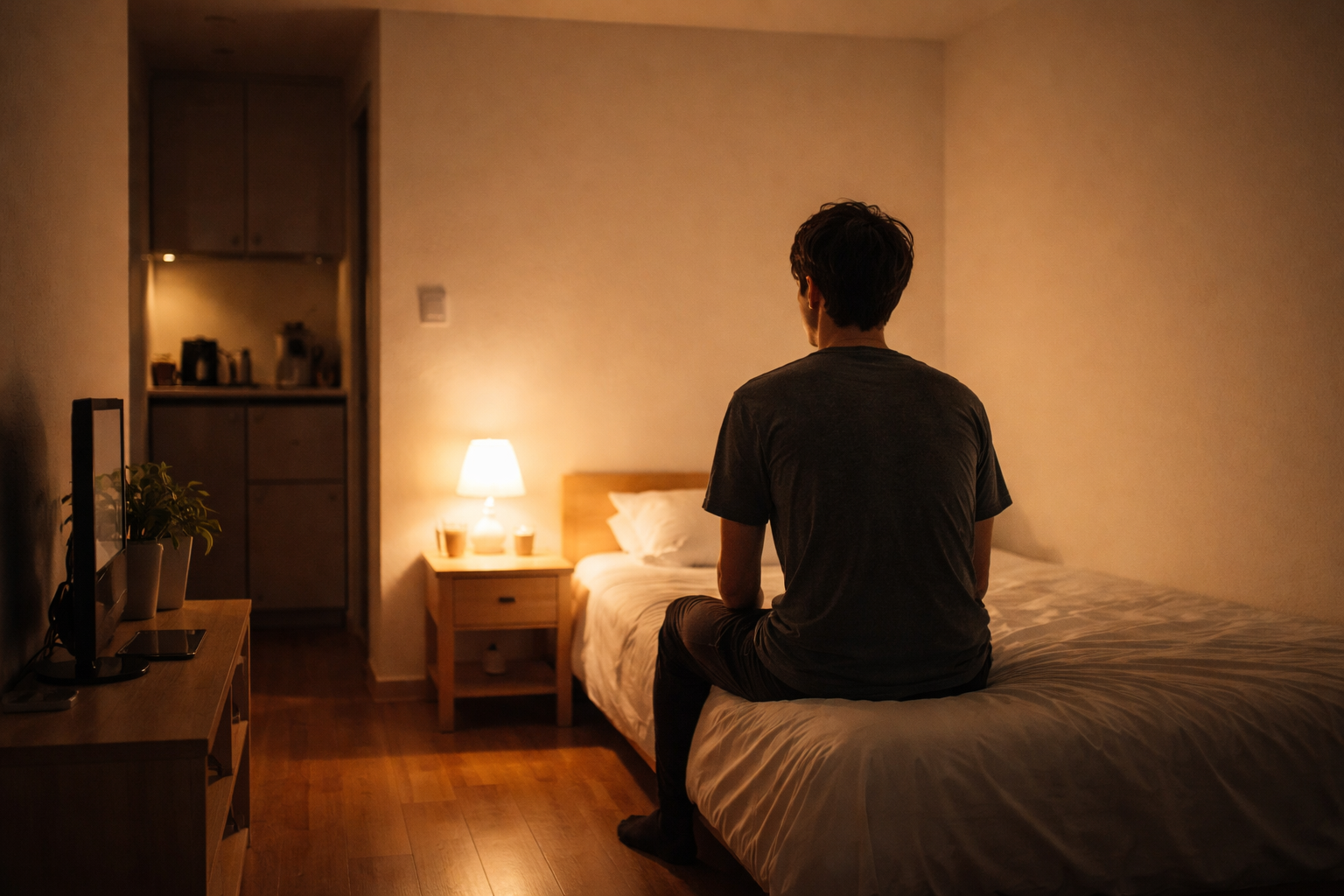 夜の部屋でベッドに座り、静かに考えごとをしている人の後ろ姿