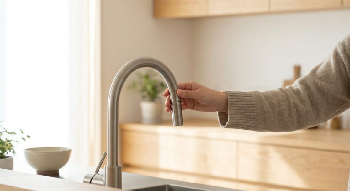 明るい賃貸キッチンで蛇口まわりを確認している手元