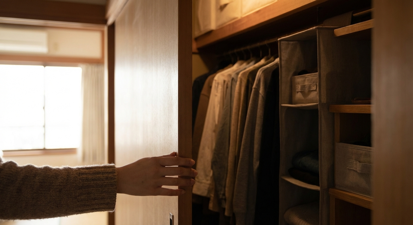 クローゼットの扉を開けて中の衣類を確認している様子