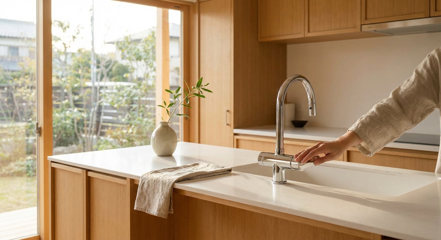 明るいキッチンで蛇口のハンドルに手を添えている様子