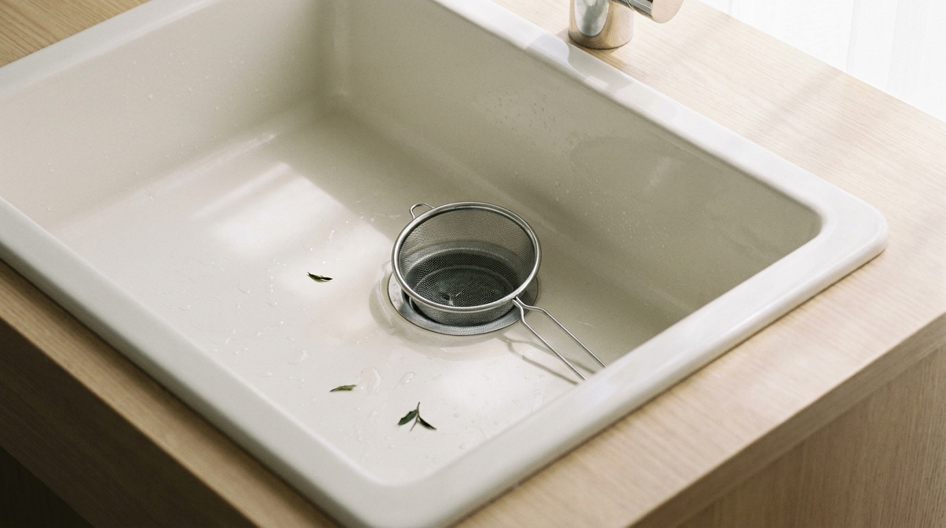 キッチンの排水口に置かれたステンレス製のゴミ受け