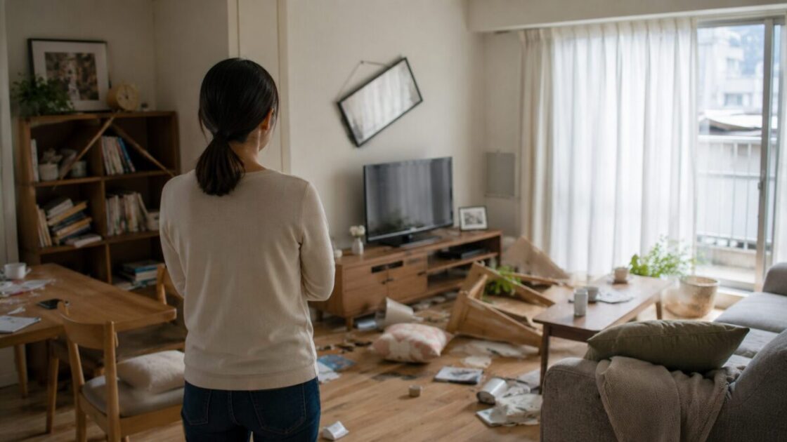 地震や台風のあと、家の中を見回して確認する様子